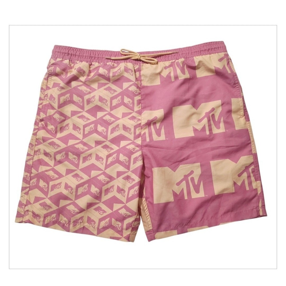 MTV Music Television Swim Trunks Mens Large Mesh Lined Orange Purple Swirl New